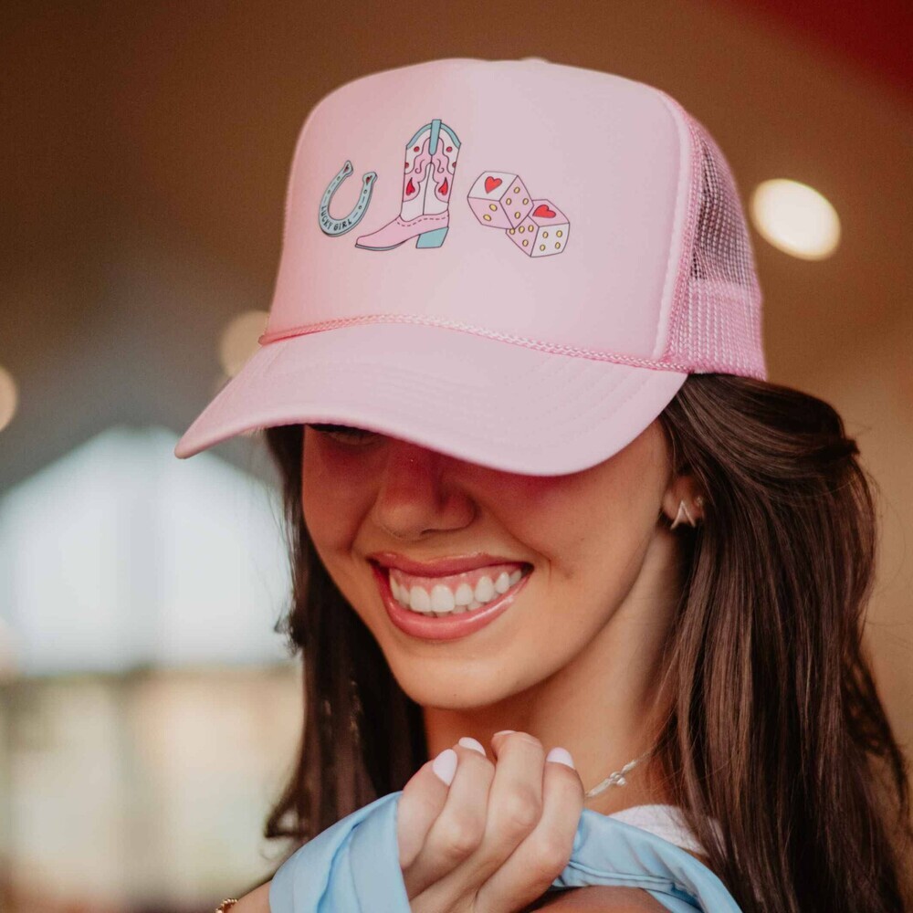 Cowgirl Boot Horeshoe and Dice Female Trucker Hats